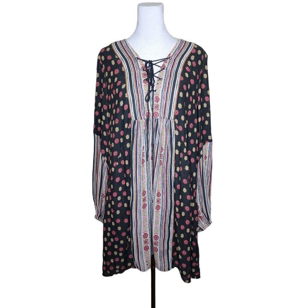 Free People Babydoll Tunic Dress Womens Size L Black Floral Stripe Long Sleeve L